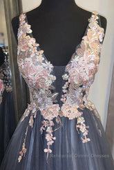 A Line V Neck Smoke Blue Long Semi Formal Prom Dresses with Lace Appliques, Floral Smoke Blue Formal Graduation Evening Dresses